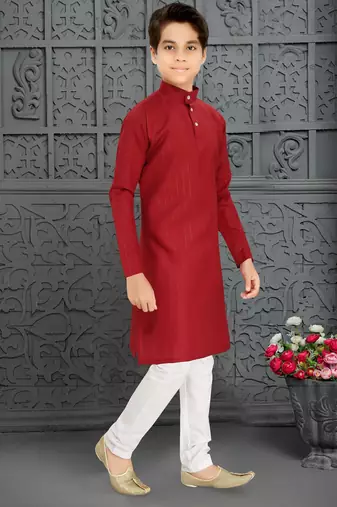 red cotton kurta pyjama for kids with lining work