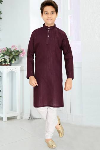 maroon cotton kid's kurta with lining work design