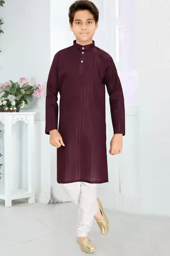 maroon cotton kid's kurta with lining work design