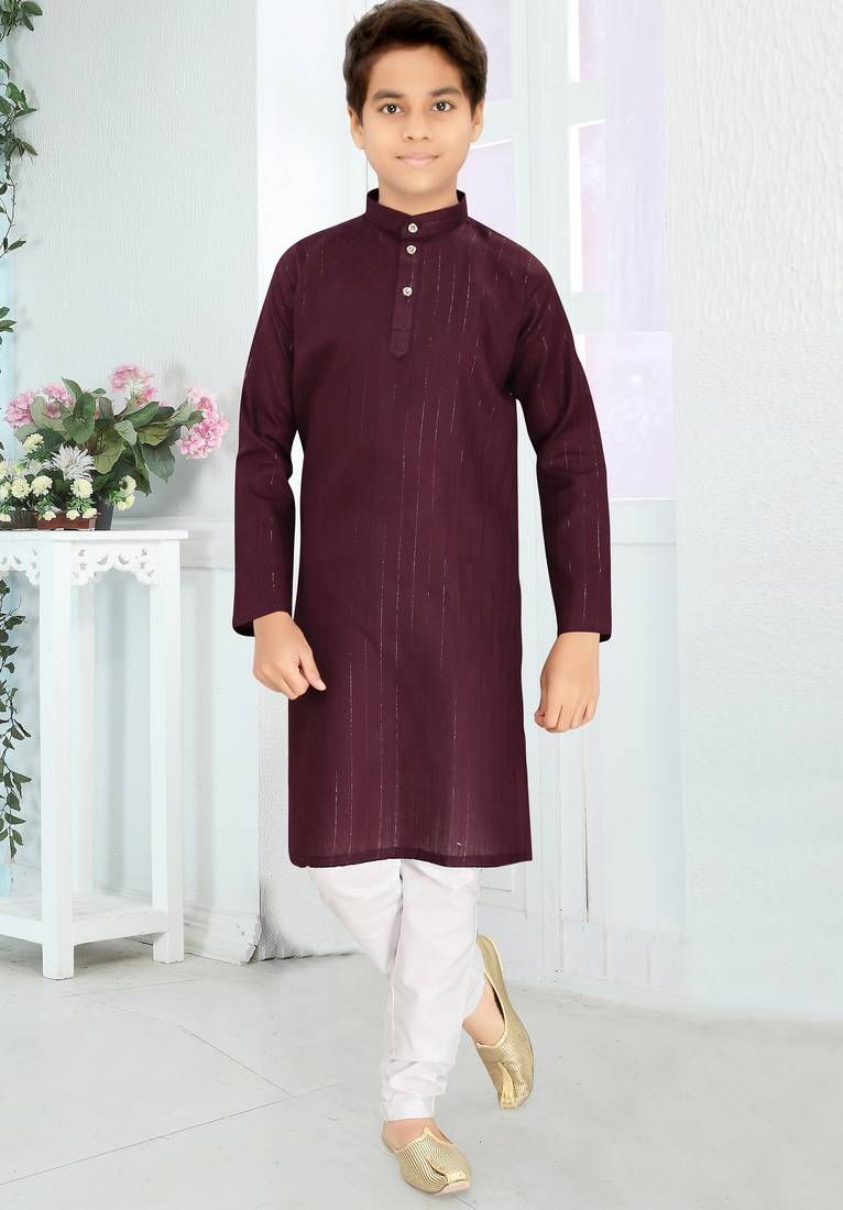 maroon cotton kid's kurta with lining work design