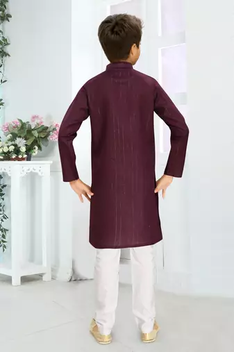 maroon cotton kid's kurta with lining work design