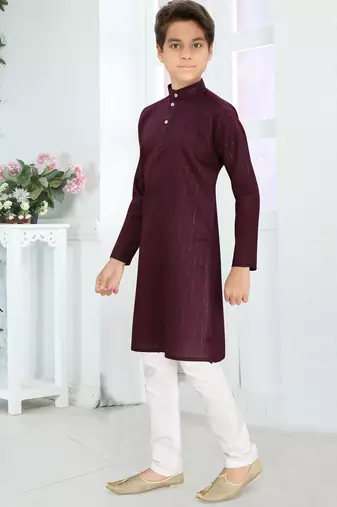 maroon cotton kid's kurta with lining work design