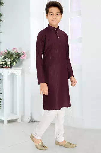maroon cotton kid's kurta with lining work design