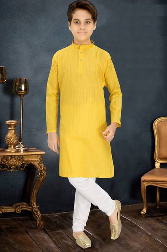 yellow cotton kids kurta with subtle stripe work detail