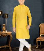 yellow cotton kids kurta with subtle stripe work detail