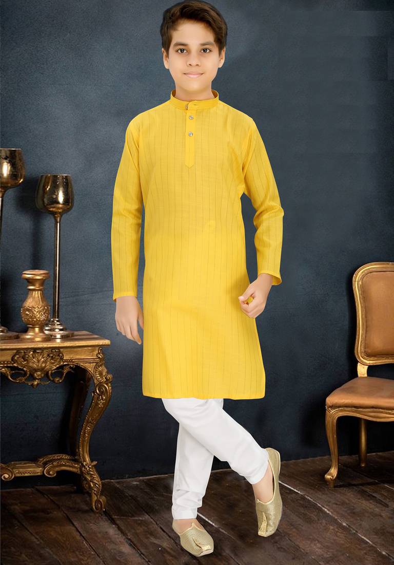 yellow cotton kids kurta with subtle stripe work detail