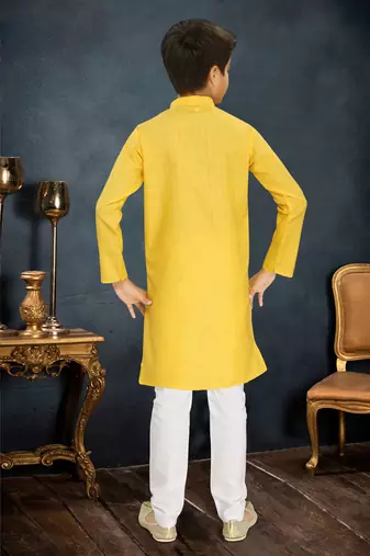 yellow cotton kids kurta with subtle stripe work detail