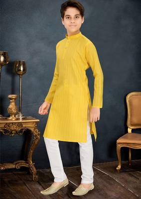 yellow cotton kids kurta with subtle stripe work detail 3