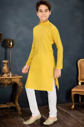 yellow cotton kids kurta with subtle stripe work detail