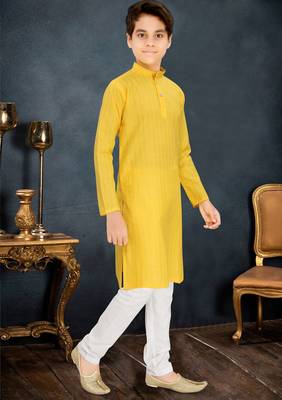 yellow cotton kids kurta with subtle stripe work detail 4