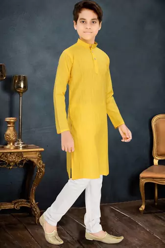 yellow cotton kids kurta with subtle stripe work detail
