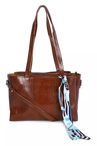 Veronly croc textured shoulder tote bag with printed scarf detail