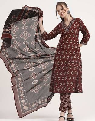 maroon pure cotton ethnic print a-line kurta trouser dupatta set 1