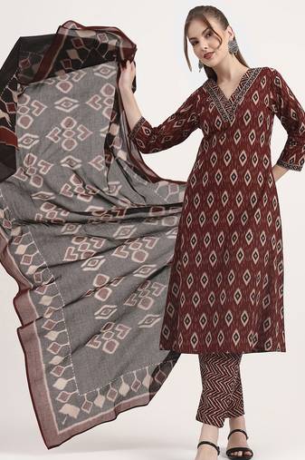 maroon pure cotton ethnic print a-line kurta trouser dupatta set