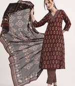 maroon pure cotton ethnic print a-line kurta trouser dupatta set