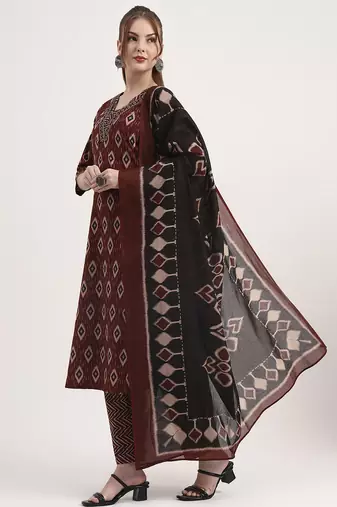 maroon pure cotton ethnic print a-line kurta trouser dupatta set