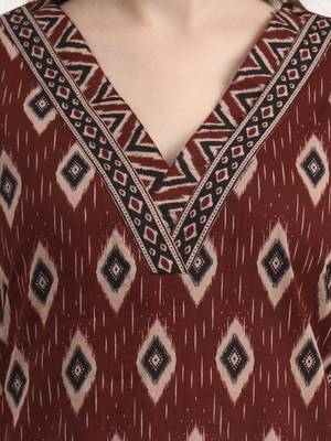 maroon pure cotton ethnic print a-line kurta trouser dupatta set 4