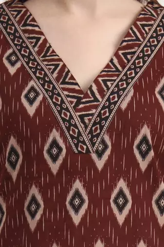 maroon pure cotton ethnic print a-line kurta trouser dupatta set