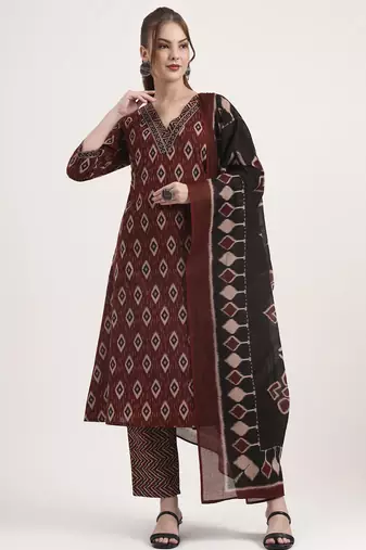 maroon pure cotton ethnic print a-line kurta trouser dupatta set