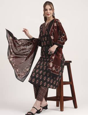 black pure cotton ethnic print a-line kurta trouser dupatta set 1