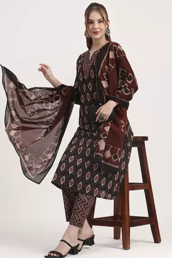 black pure cotton ethnic print a-line kurta trouser dupatta set