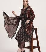 black pure cotton ethnic print a-line kurta trouser dupatta set