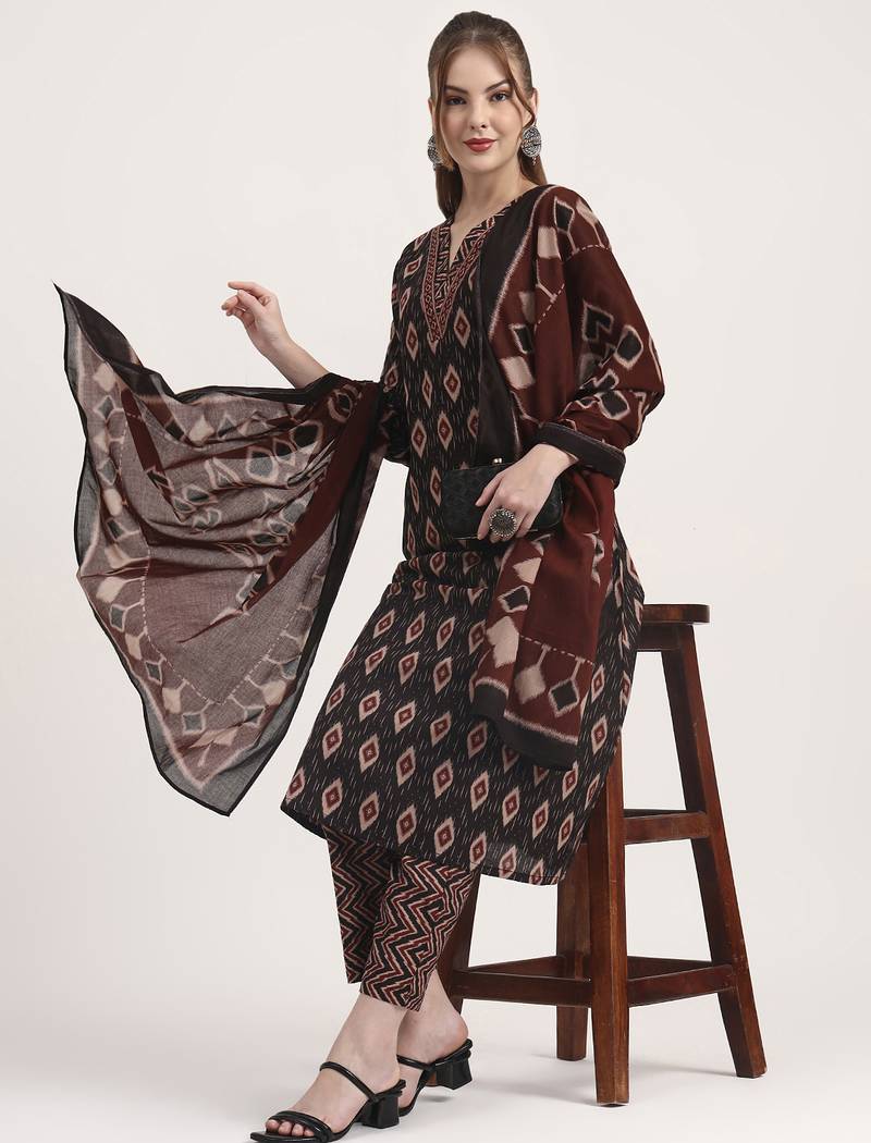 black pure cotton ethnic print a-line kurta trouser dupatta set