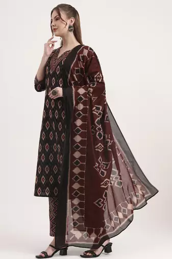 black pure cotton ethnic print a-line kurta trouser dupatta set