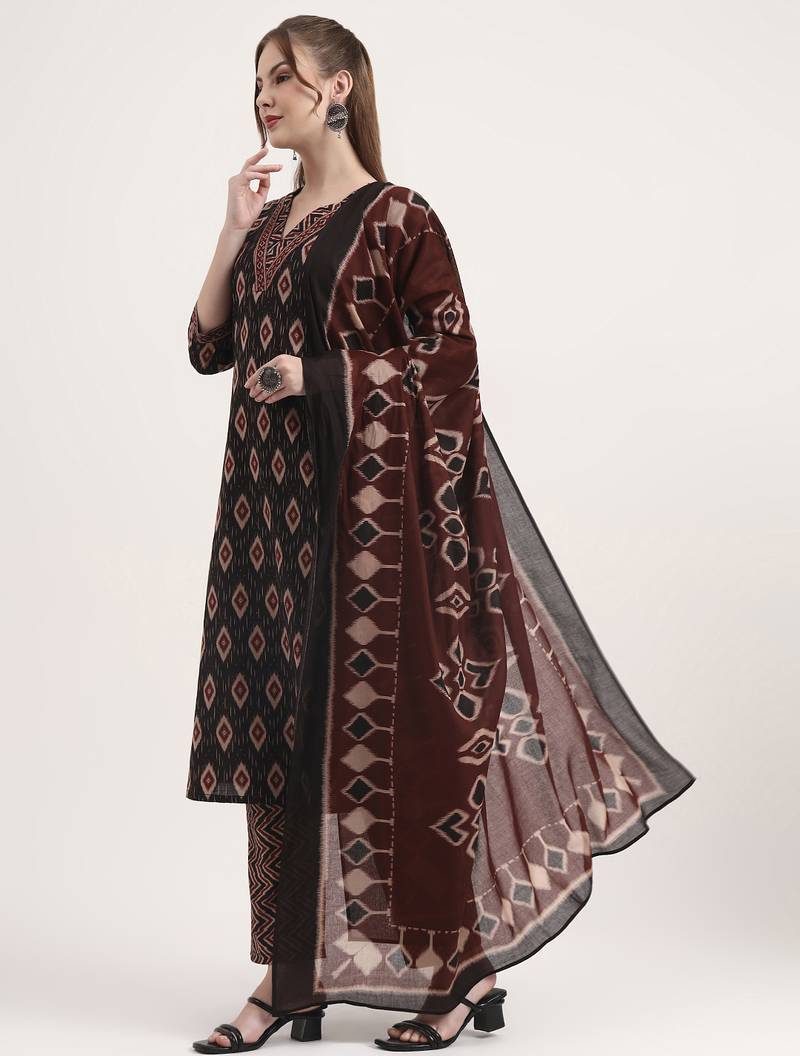 black pure cotton ethnic print a-line kurta trouser dupatta set