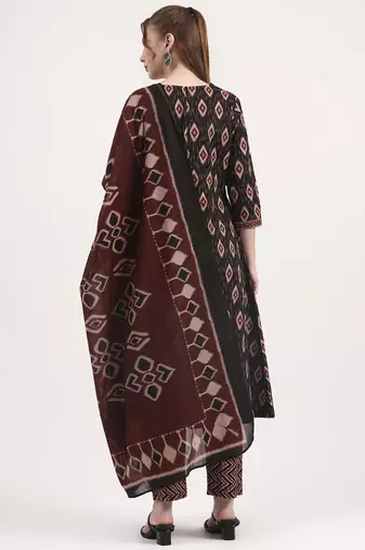 black pure cotton ethnic print a-line kurta trouser dupatta set