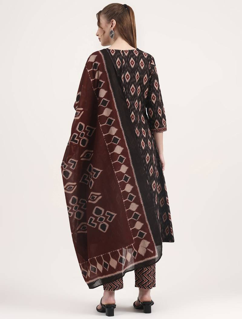 black pure cotton ethnic print a-line kurta trouser dupatta set