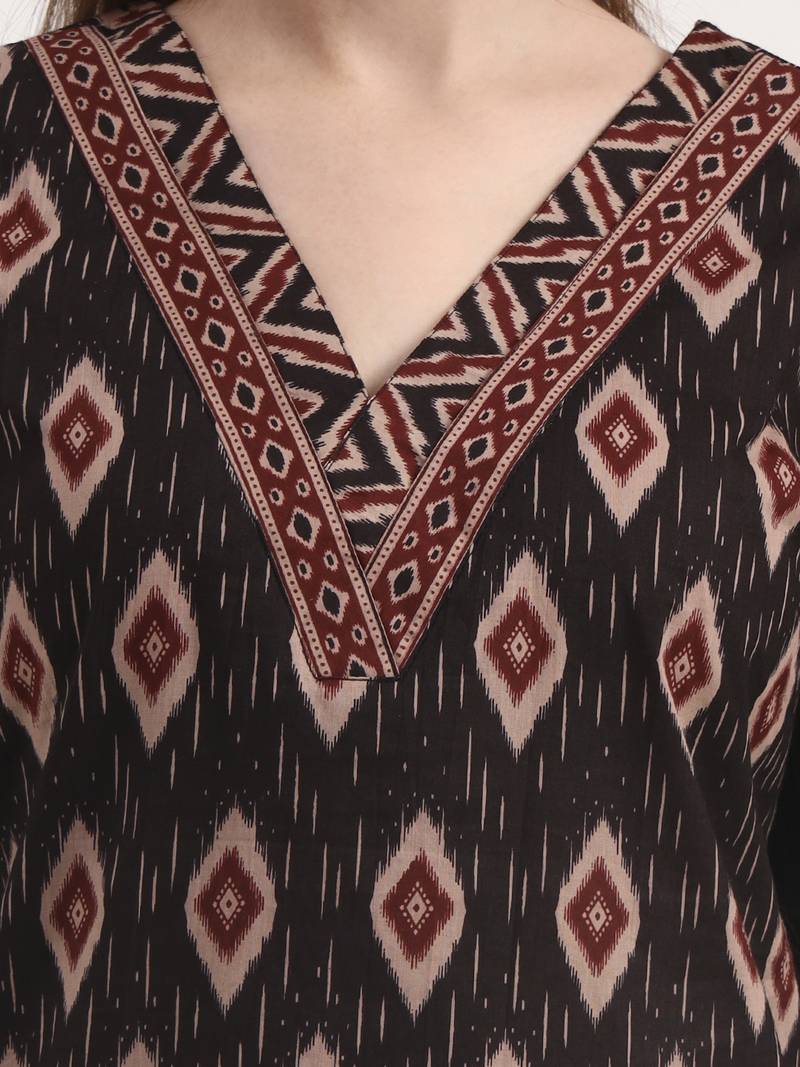 black pure cotton ethnic print a-line kurta trouser dupatta set
