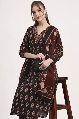 black pure cotton ethnic print a-line kurta trouser dupatta set