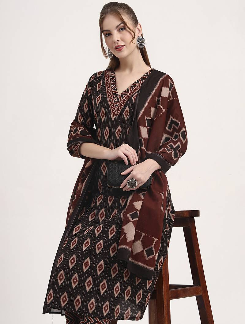 black pure cotton ethnic print a-line kurta trouser dupatta set