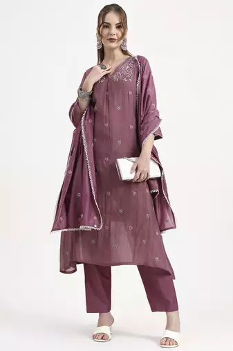 purple chanderi silk kantha work anarkali kurta trouser dupatta set