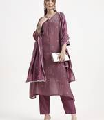 purple chanderi silk kantha work anarkali kurta trouser dupatta set