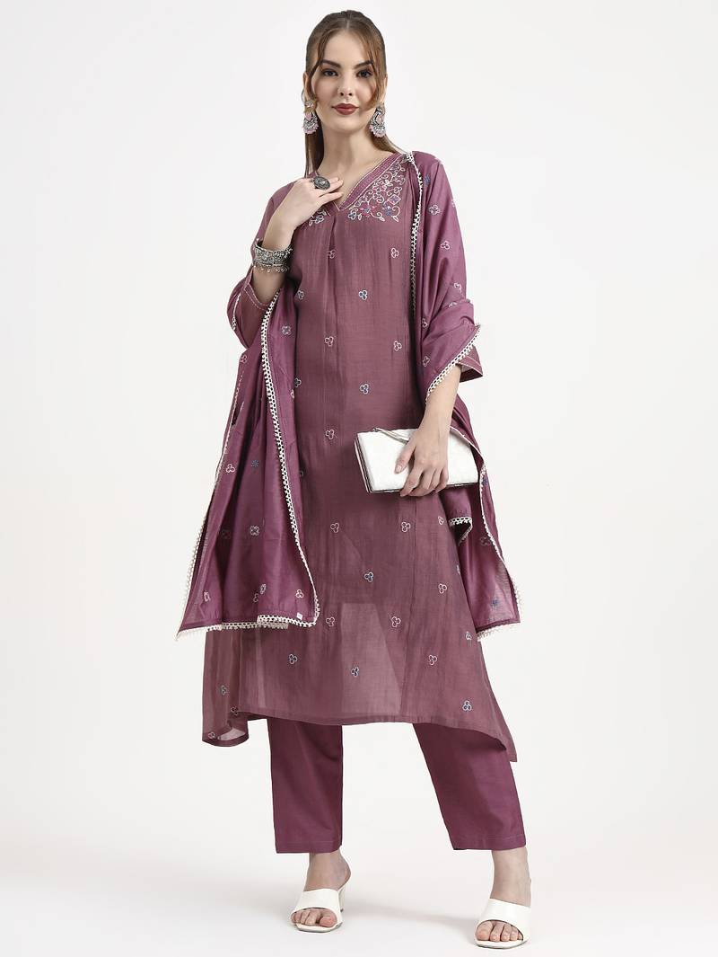 purple chanderi silk kantha work anarkali kurta trouser dupatta set