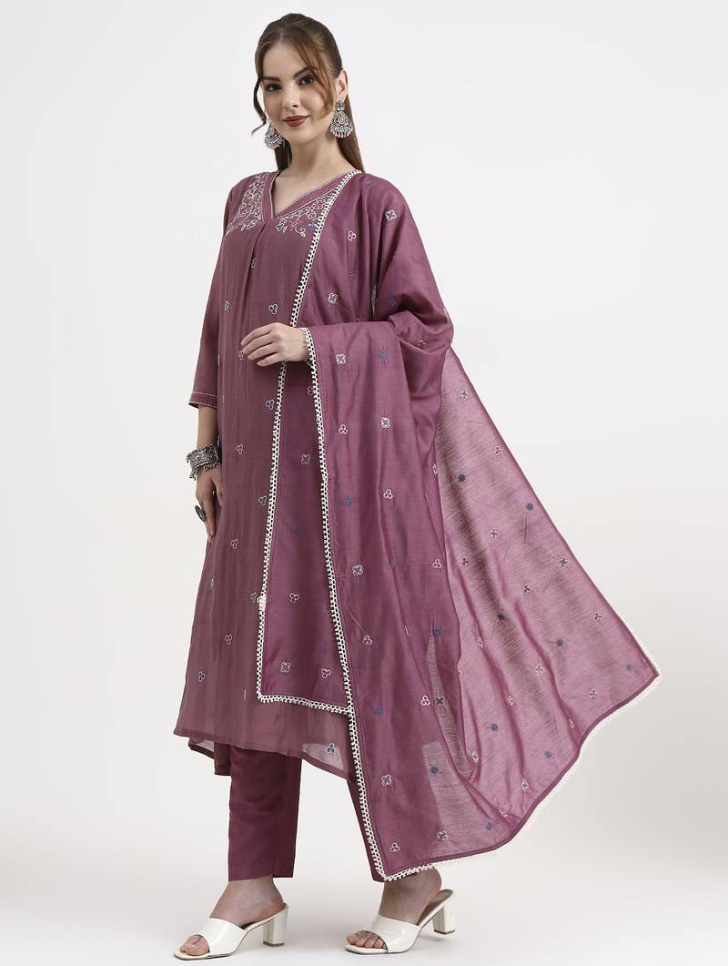 purple chanderi silk kantha work anarkali kurta trouser dupatta set