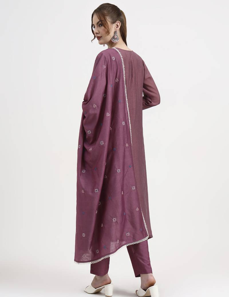 purple chanderi silk kantha work anarkali kurta trouser dupatta set