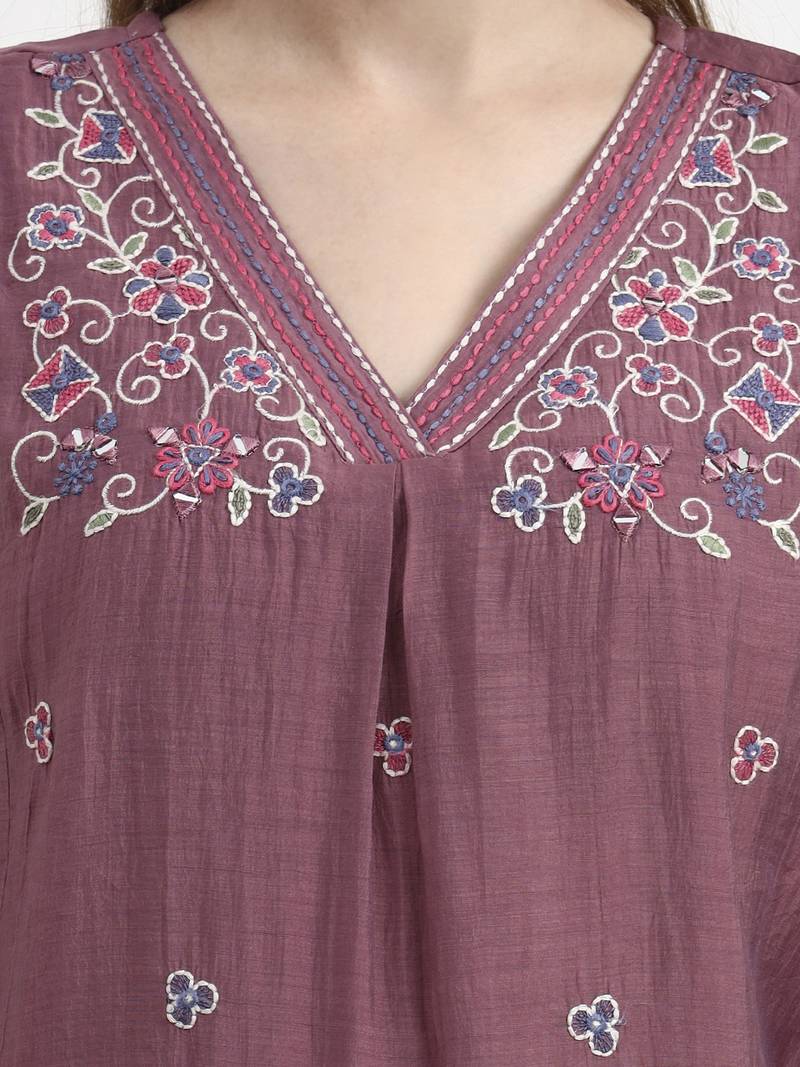 purple chanderi silk kantha work anarkali kurta trouser dupatta set