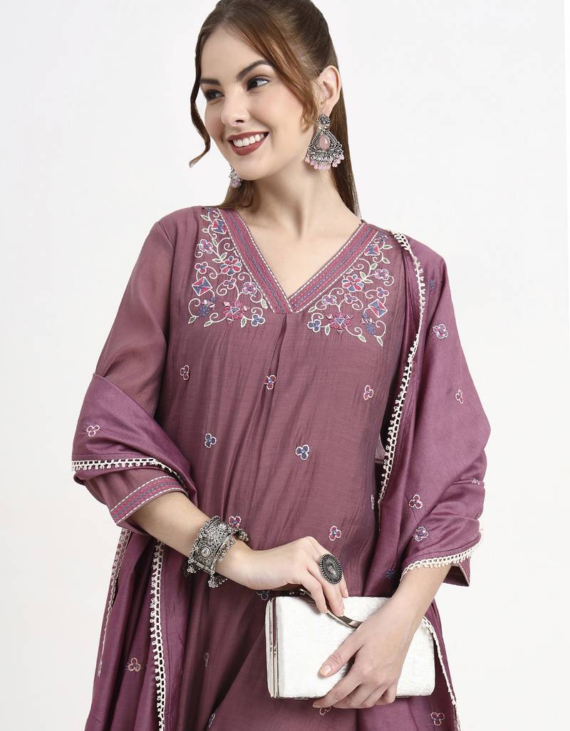 purple chanderi silk kantha work anarkali kurta trouser dupatta set