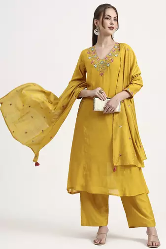 yellow mul chanderi silk thread work anarkali kurta trouser dupatta set