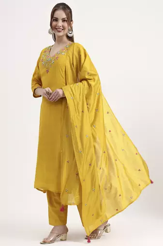 yellow mul chanderi silk thread work anarkali kurta trouser dupatta set