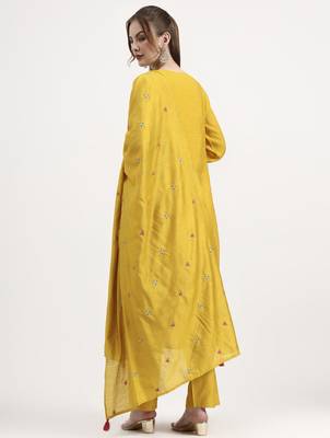 yellow mul chanderi silk thread work anarkali kurta trouser dupatta set 3