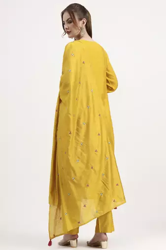 yellow mul chanderi silk thread work anarkali kurta trouser dupatta set