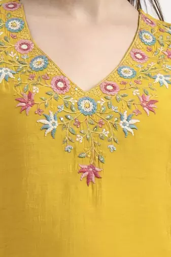 yellow mul chanderi silk thread work anarkali kurta trouser dupatta set