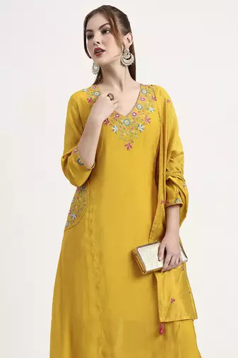 yellow mul chanderi silk thread work anarkali kurta trouser dupatta set
