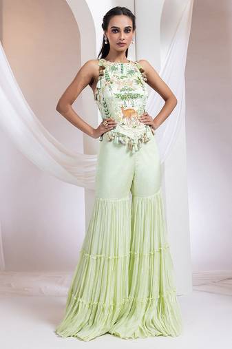 Green embroidered satin co ord set