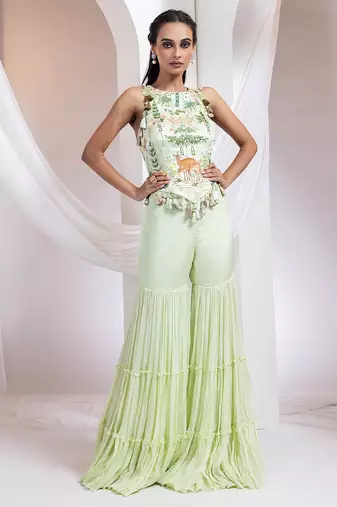 Green embroidered satin co ord set