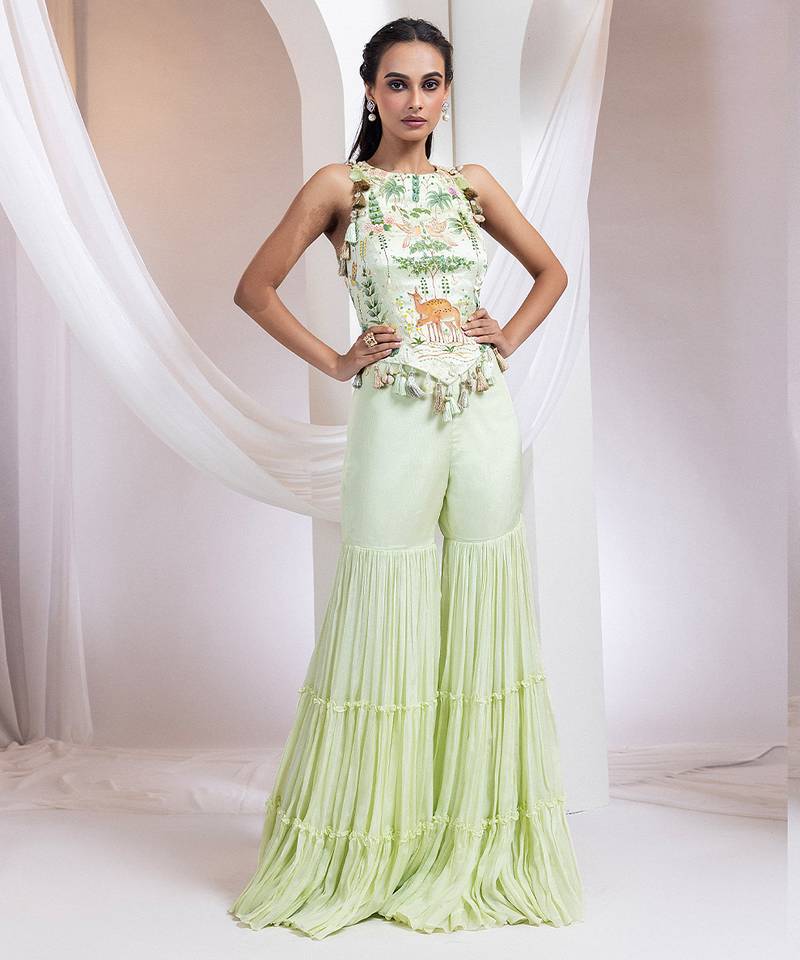 Green embroidered satin co ord set
